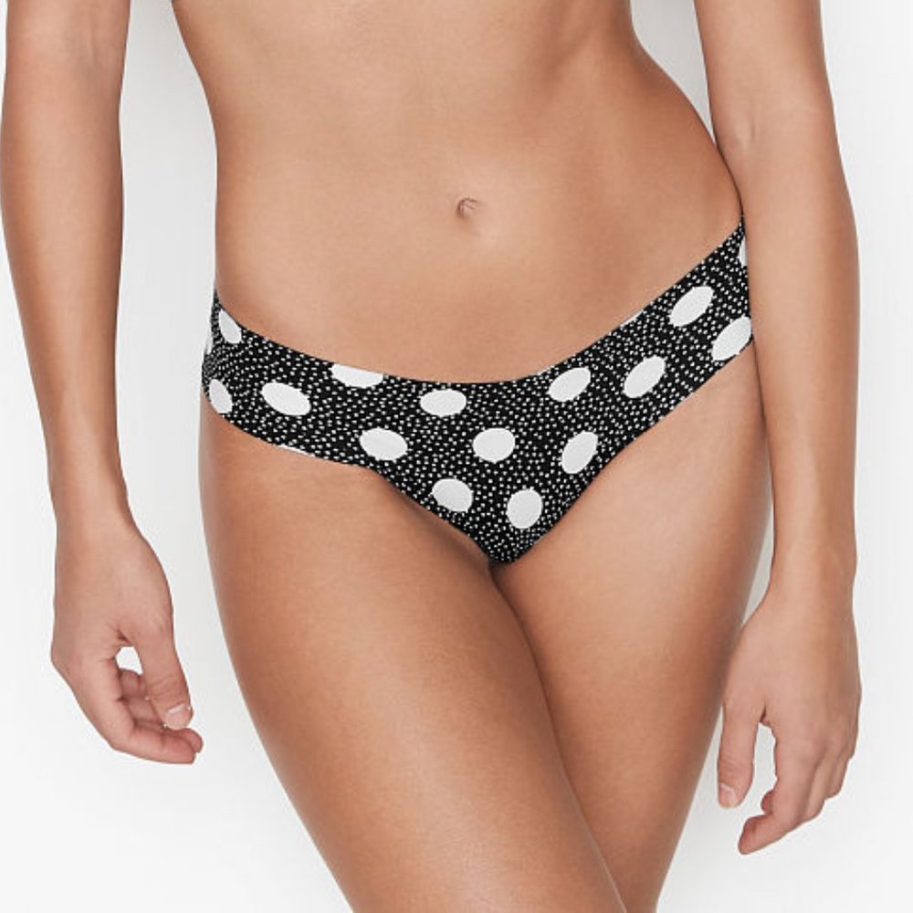 VS Thong No-Show Shimmer Black White Polka Dot Panty NWT